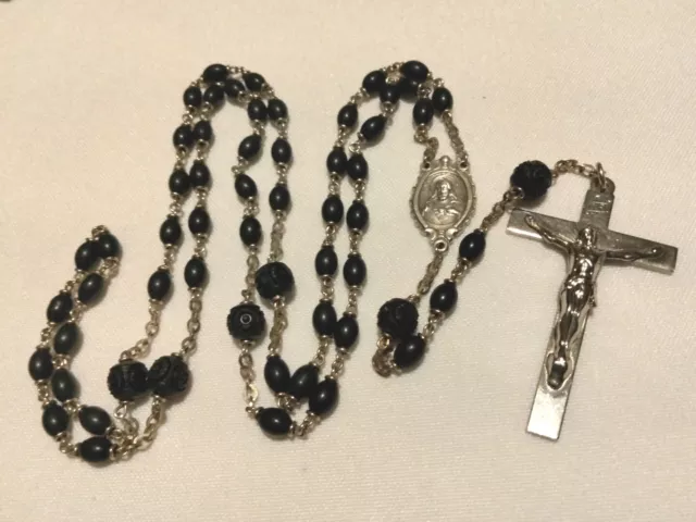 Antique Rosary Sacred Heart Of Jesus Ebony Bead Carved Of Fathers Excellent