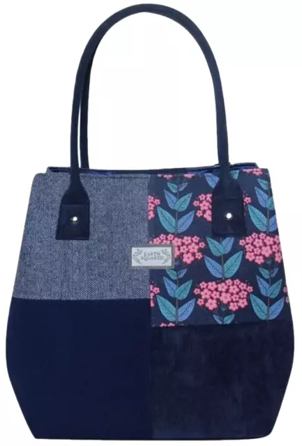 Blaue Tragetasche rosa Blumenmuster Damen Marineblau Tweed Kordel Blumendruck Handtasche Fairer Handel