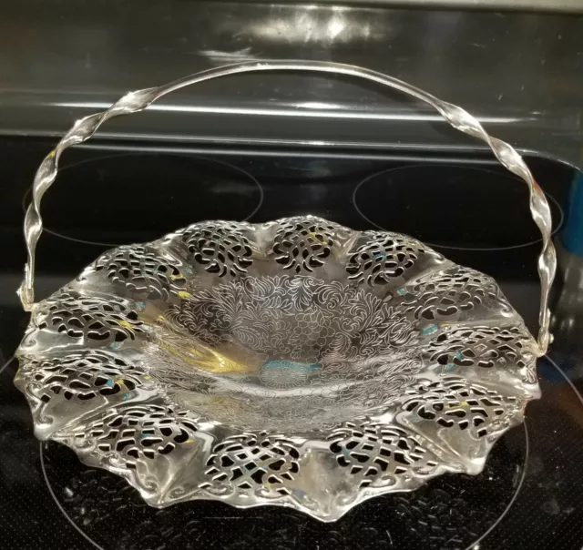 Silver Plate Interpur Pierced Engraved Serving Basket Swing Handle Pineapple EUC