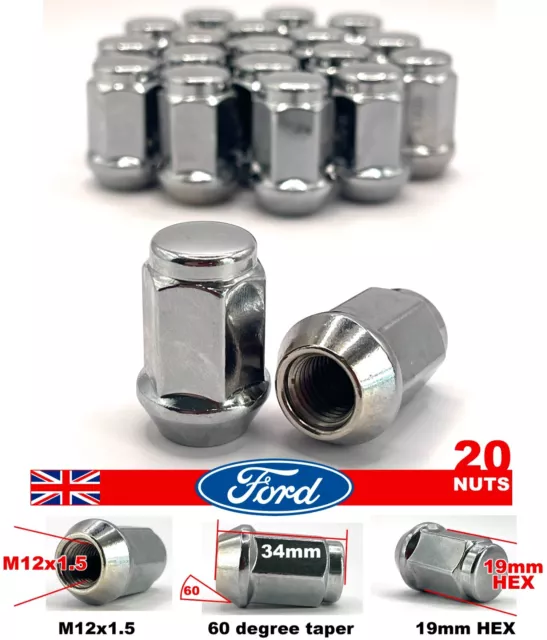 Ford kompatibel Ersatz Auto Alu Radmuttern 19mm Sechskant M12x1.5 20er Set