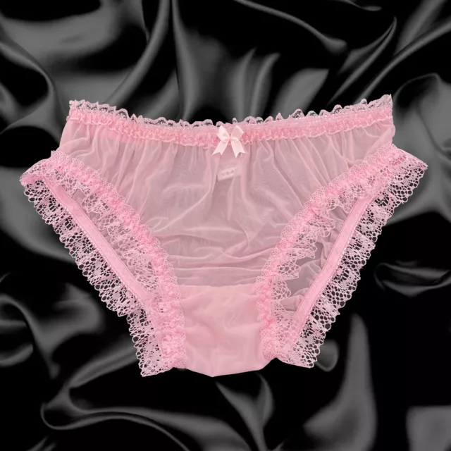 BABY PINK SOFT Nylon Sissy Sheer Frilly Lace Briefs Panties
