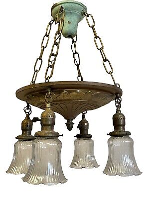 Antique Victorian 4 Light Brass Chandelier Individual Switches + Canopy & Shades