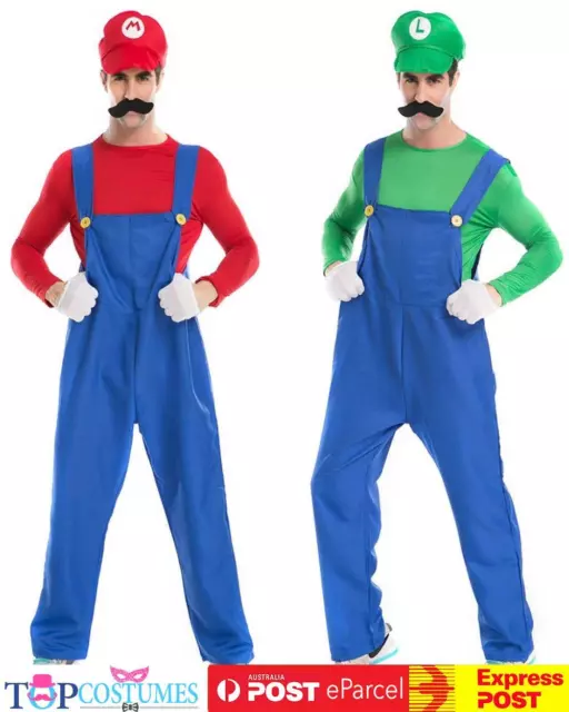 Mens Super Mario Luigi Brothers Fancy Dress Up Party Costume + Hat