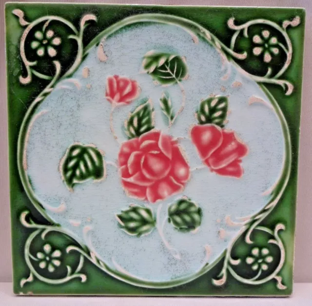 Antique Tile Majolica Japan Dk Ceramic Floral Motif Pink Rose Architecture "466