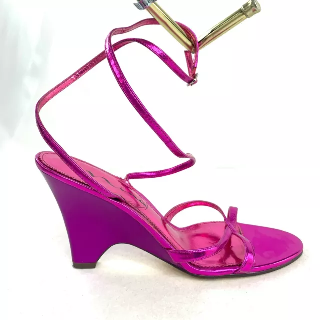 Nina Women Size 9 Fuchsia Pink Leather Wrap Around Ankle Strap Wedge Sandal Shoe