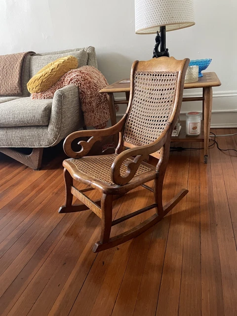 Antique Childs Rocking Chair with Caned Seat and Back Solid Wood Rattan Nursery