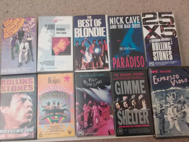 VHS Tapes x 10 Hendrix, Stones, Nick Cave, Beatles, Neil Young, Blondie, Masters