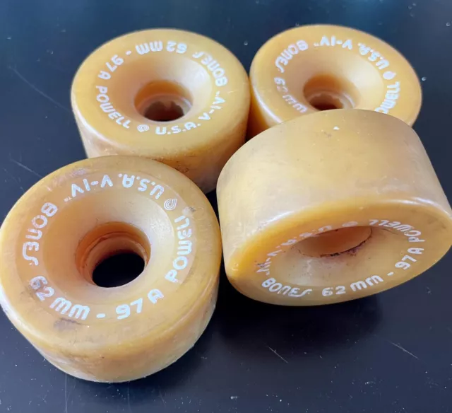4 vintage Powell Bones V-IV Skateboard wheels 62mm yellow 79A