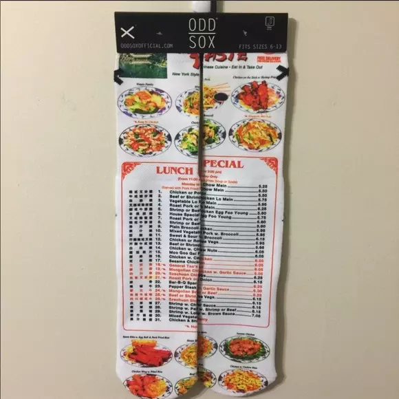 ODD SOX Chinese Food Lunch Menu Men's Crew Socks Size 6-13 Cute Fun Gift NEW!