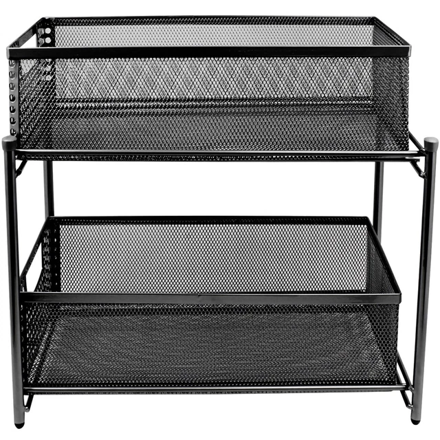 2 Tier Organizer Baskets with Mesh Sliding Made of Steel Black