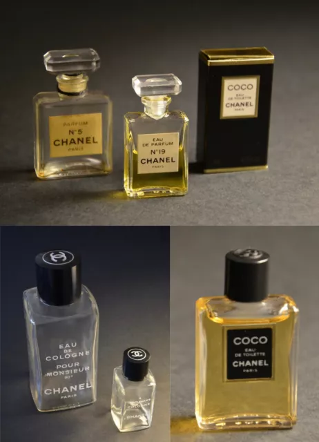 Lot de flacons Chanel 3 miniatures de parfum + 2 bouteilles eau de cologne vides