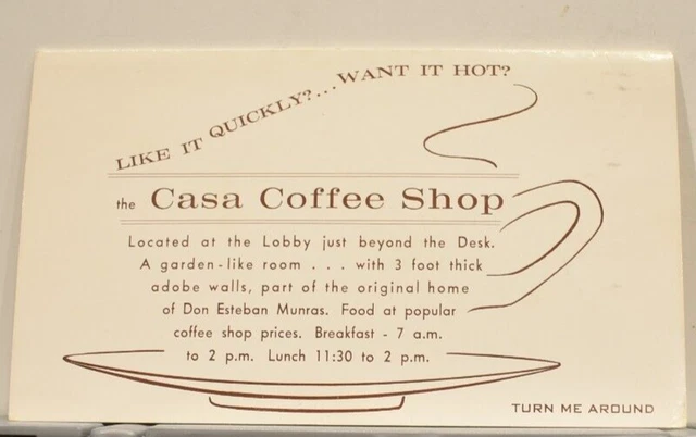1960S CASA MUNRAS Coffee Shop Restaurant Menu Garden Hotel Monterey 