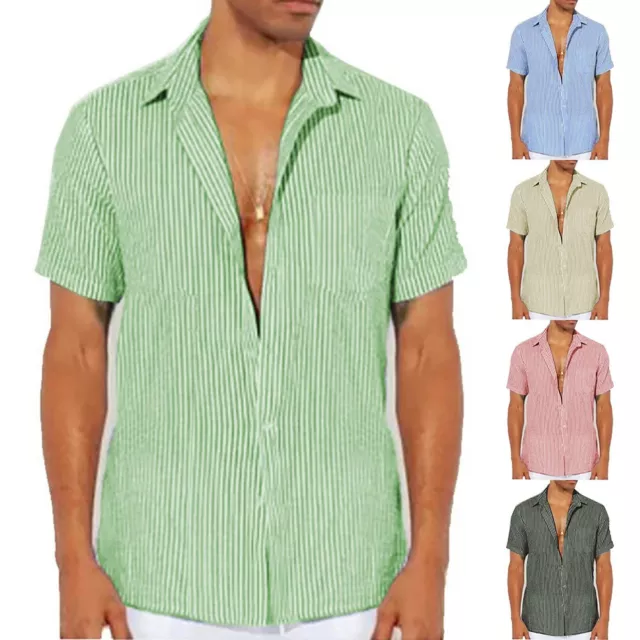 Striped Men's Casual Loose Short Sleeve Button Down Summer Shirts T Shirt Top