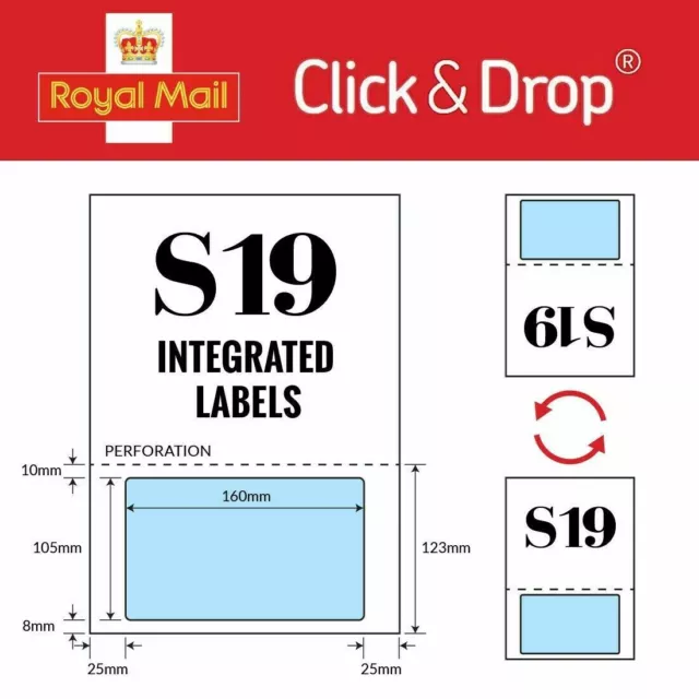 1000 ROYAL MAIL CLICK & DROP LABELS - A4 INTEGRATED LABELS - S19 -160mm x 105mm