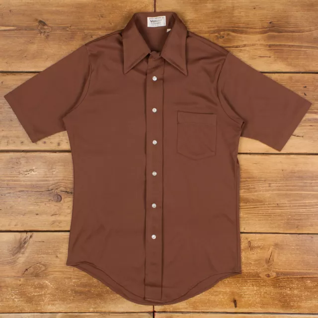 Vintage Van Heusen Casual Shirt Button S 70s Splendor Mens Short Sleeve Brown