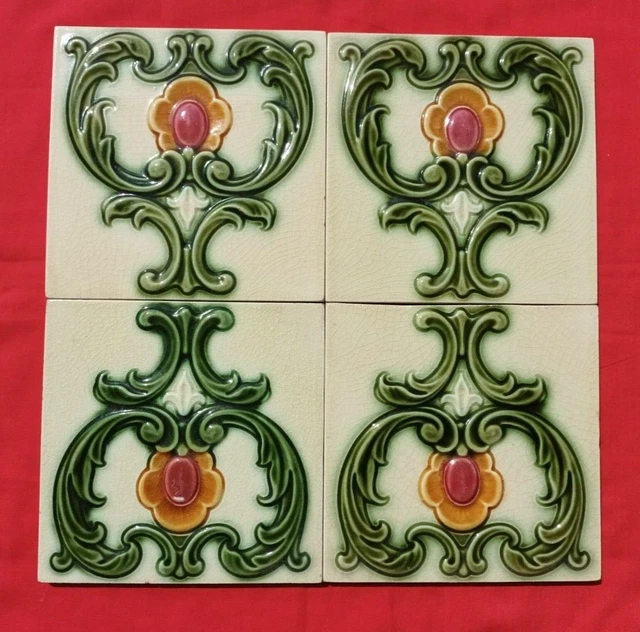 4 Piece Lot Old Art Deco Embossed Design Majolica Ceramic Tiles England 0222