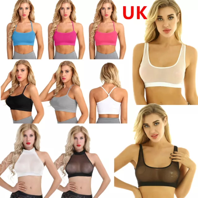 UK Sexy Women See-through Mesh Sheer Halter Neck Crop Top Bra Bralette Vest Tank