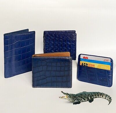 Mens Blue Leather Wallet Real Crocodile Skin Bifold Card Holder Anti Theft