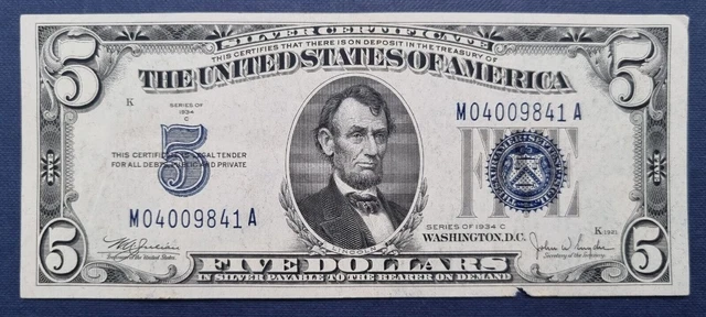 1934 C Five Dollar Silver Certificate Note $5 Bill Blue Seal Better Grade #58074