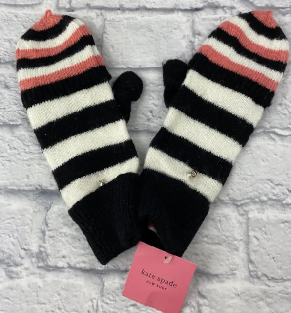 Kate Spade New York Gloves Heritage Stripe Pop Top Black Pink White Mittens New