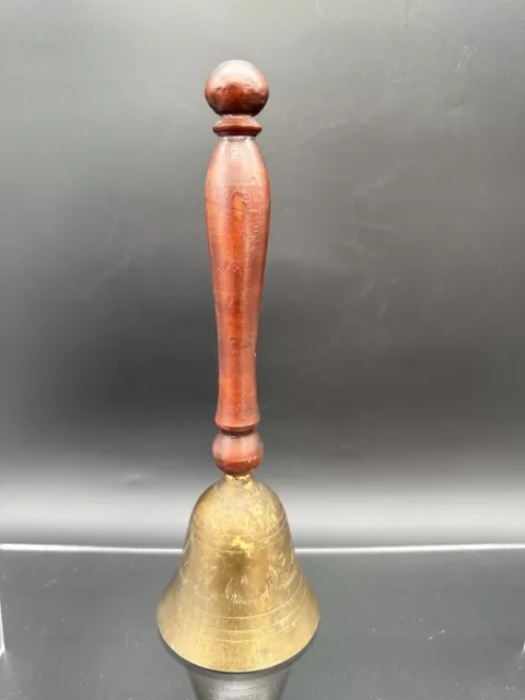 Vintage Etched Brass School Dinner Bell With Solid Wooden Handle Made in India