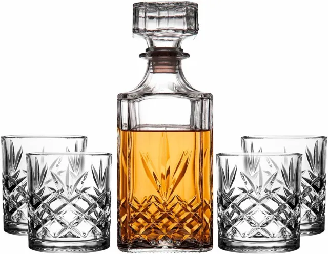 "Refined 5-Piece Whiskey Set: Decanter & 4 DOF Glasses - Elegant Glassware!"