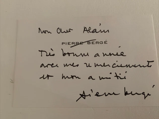 Pierre Bergé , Carte de visite dédicacée - Autographe sur bristol