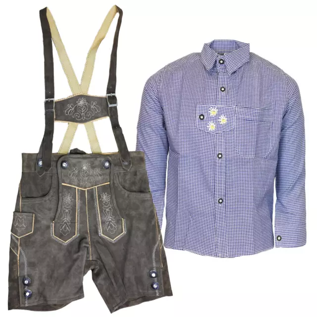 Set folcloristico bambini pantaloni in pelle Henry marrone pantaloni folcloristici con camicia blu costume folcloristico MS