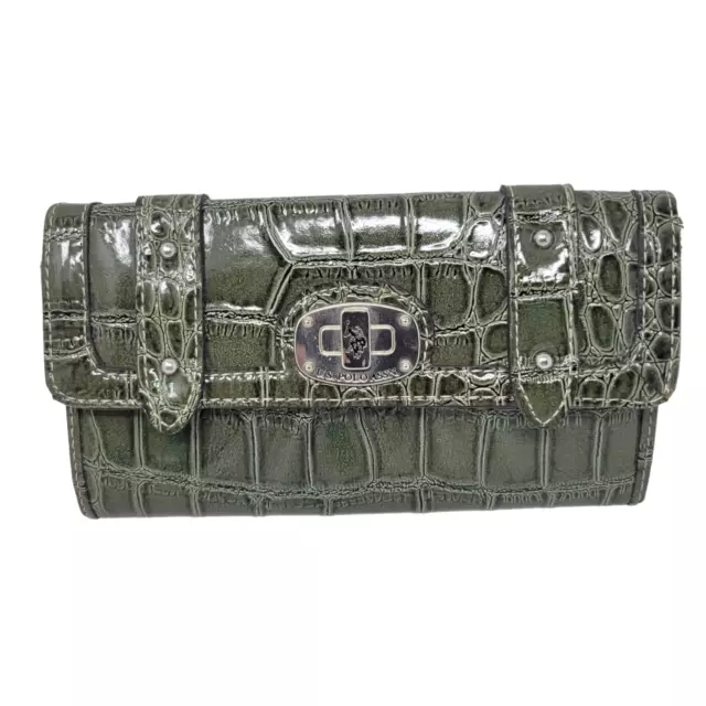 RALPH LAUREN U.S. Polo Assn Green Crocodile Embossed Purse Clutch Snap Closure