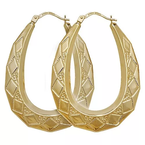 9Ct Yellow Gold On Silver Large Patterned Oval Ladies Creole Hoop Earrings -