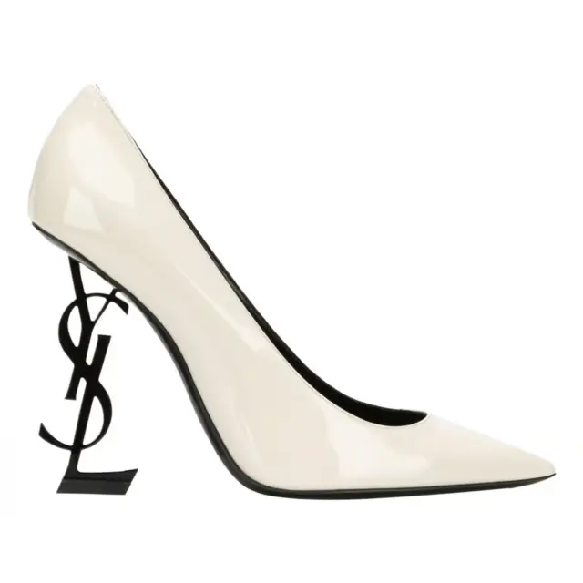 Saint Laurent YSL Logo Opyum Opium 110 Neutro White Black Patent Heel Pump 37.5