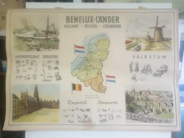 Alte Rollkarte Schulwandkarte Lehrtafel Wandbild: Benelux-Länder,Stockmann Verla