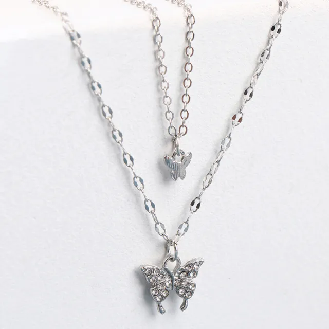 Shiny Double Layer Butterfly Necklace Collarbone Chain Charm Necklace Gift RODE