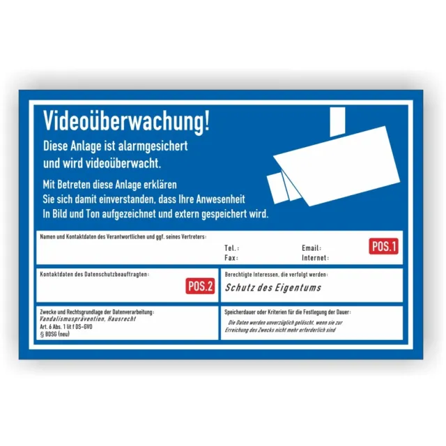 Video-Schild DSGVO konf. Datenschutz Individuell Wunschtext videoüberwacht Vi129