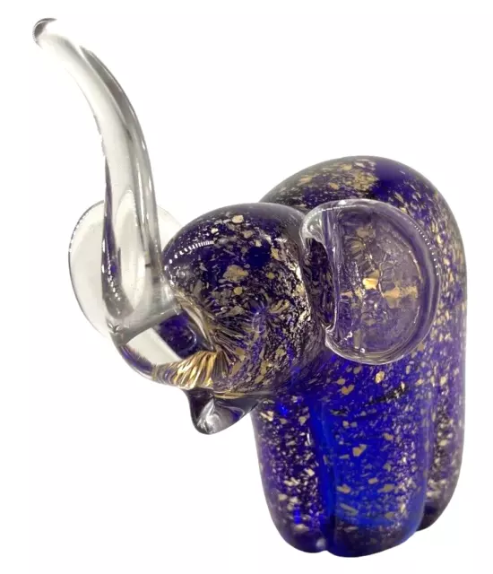 Art Glass Elephant Figurine Trunk Up Good Luck Paperweight Blue with Gold Flecks