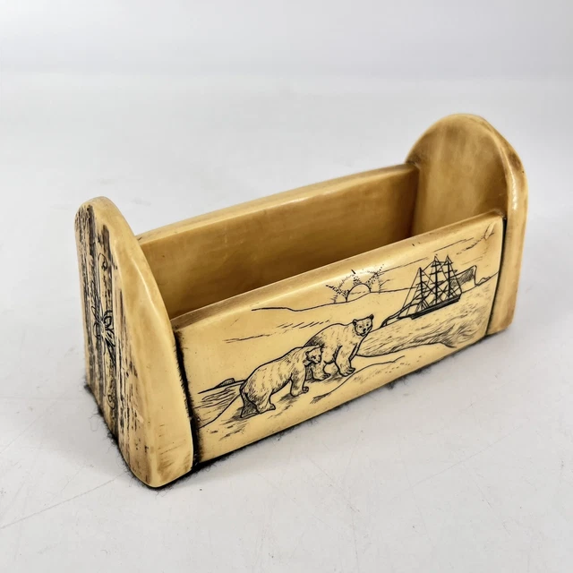 Vintage Faux Scrimshaw Carved Business Card Holder Polar Bear Walrus Clipper