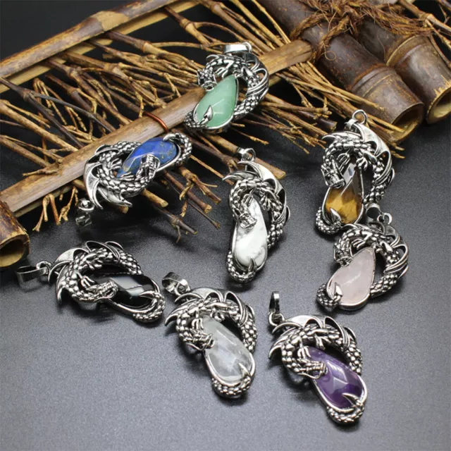 Natural Dragon Crystal Pendant Necklace Gem Stone Quartz Oval Man Women Healing