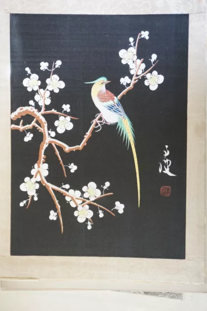Belle Peinture Sur Soie Fin Xix° Chinoiserie Oiseau Exotisme Gouache Chine Fleur