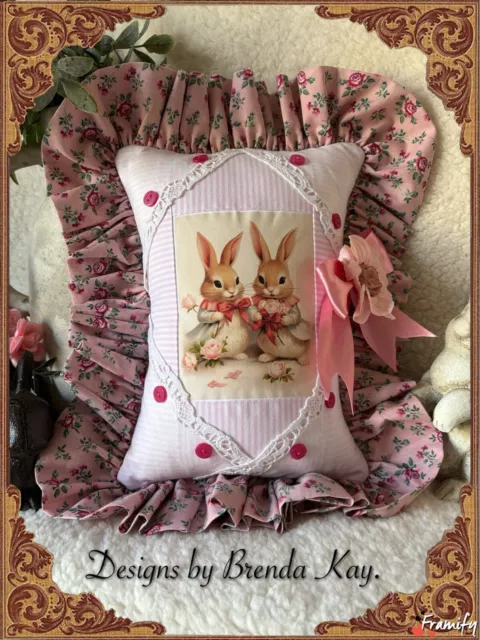2 Bunnies & Roses Graphic Pillow Hanger, Vintage lace Hankies, Pink Buttons
