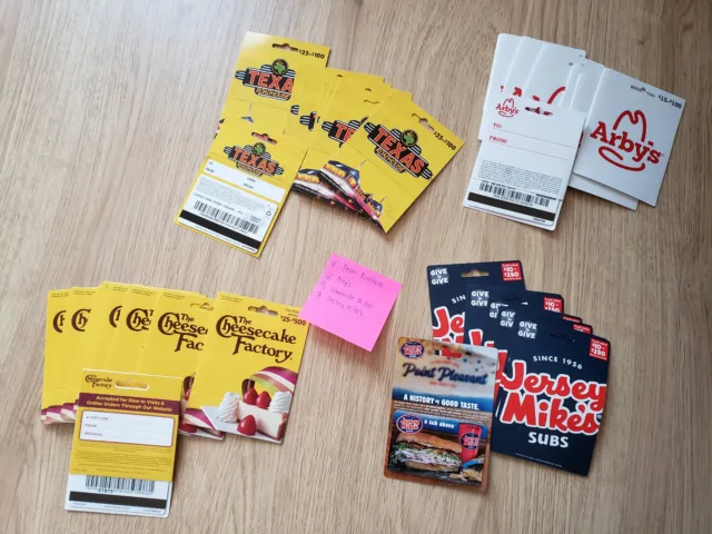 33 Gift Cards No Value Texas Roadhouse Arby's Cheesecake Factory Jersey Mike's