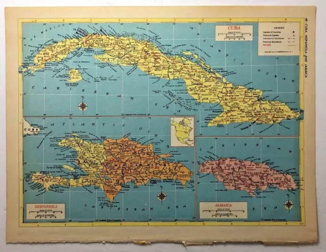 1950's Vintage CUBA, HISPANIOLA & JAMAICA Antique Atlas Map - Hammond's Atlas