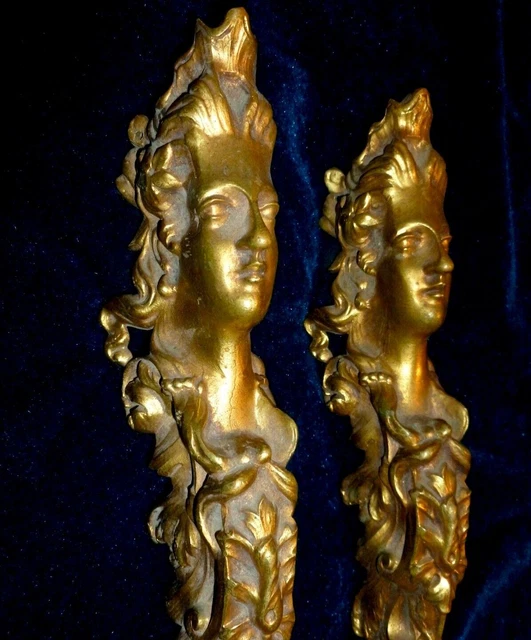 PAIR FRENCH GILDED BRONZE/BRASS DECORS FURNITURE MOUNTS PEDIMENTS CARYATIDS 34cm