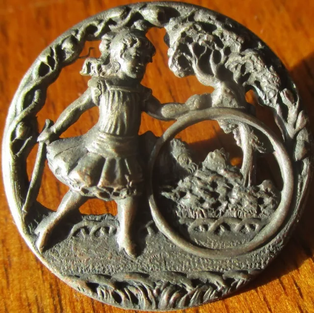 Vintage Antique French~Scenic "GIRL ROLLING HOOP" Realistic Metal Picture Button