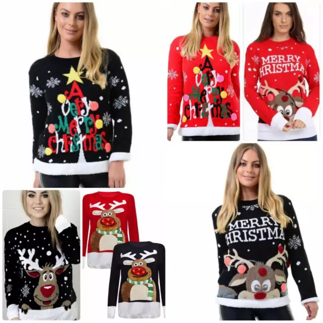 Girls Ladies Womens Xmas Christmas Novelty Jumper Sweater Rudolph Top Plus SIZE