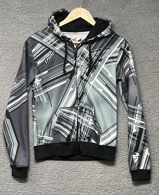 Thor Motocross Mens Zip Full Hoodie Gray Black White Size Small