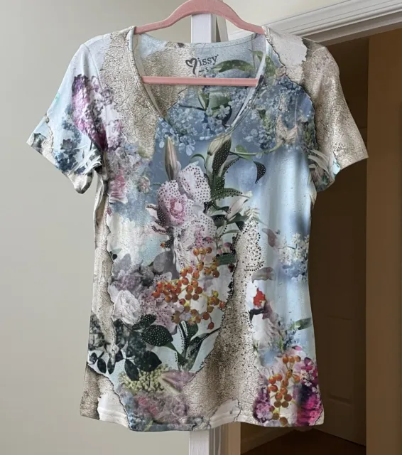 Love Issy Fashion Top Blue Artsy Floral Watercolor Rhinestone Bling Small