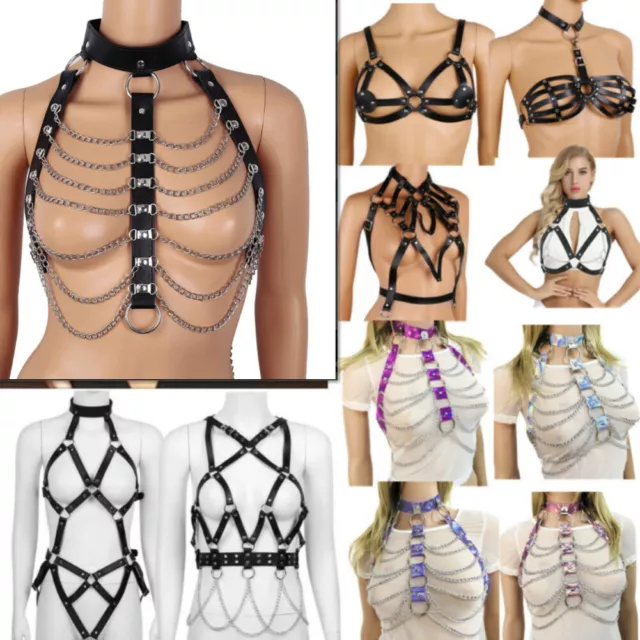 Goth Lingerie Elastic Harness Cage Bra Cupless Body Chain Waist Belt