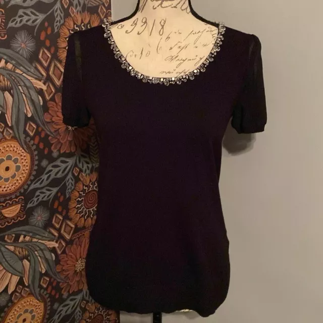 Cable & Gauge Black Short Sleeve Rhinestone Scoop Neck Sweater Blouse Small