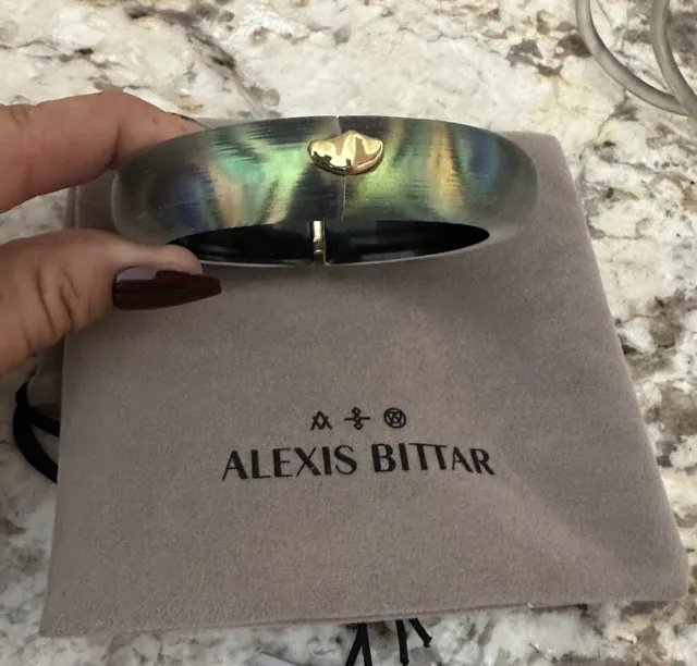 100% Authentic Alexis Bittar Peacock Lucite, Liquid Gold Hinge Bracelet