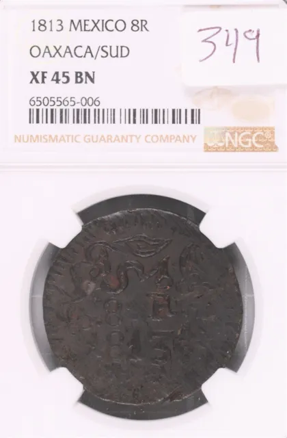 1813 Mexico 8 Reales Oaxaca/SUD Copper Coin - Insurgent Coinage NGC XF-45 BN #06